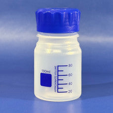 Plastic PP Reagent Bottle, graduated, 100ml, with Blue GL45 Lid