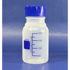 Plastic PP Reagent Bottle, graduated, 250ml, with Blue GL45 Lid, EACH