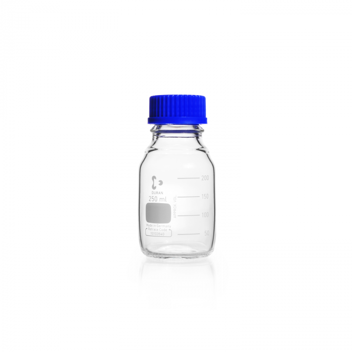 DURAN® Laboratory bottle, clear, graduated, GL 45, with screw-cap and pouring ring (PP), 250 ml, EACH