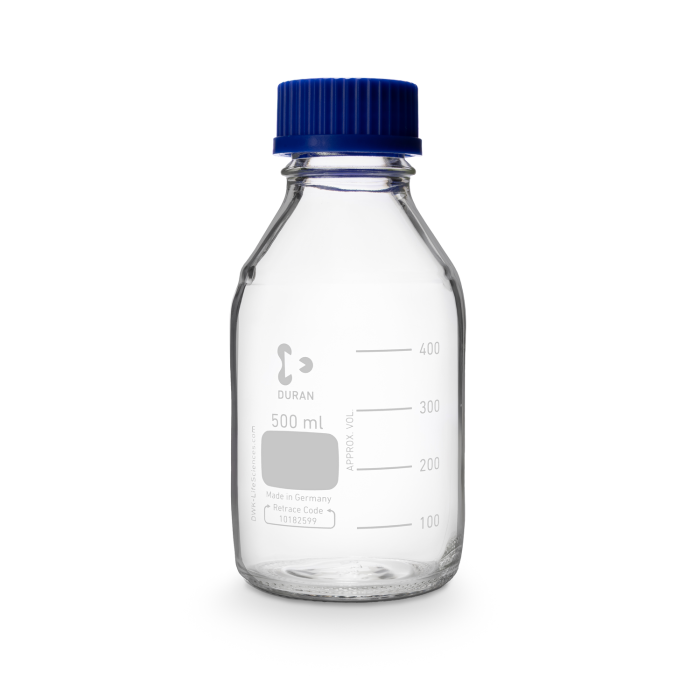 DURAN® Laboratory bottle, clear, graduated, GL 45, with screw-cap and pouring ring (PP), 500 ml, EACH