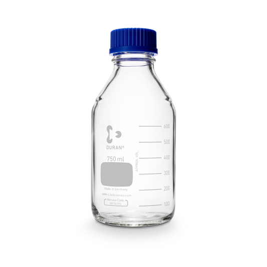 DURAN® Laboratory bottle, clear, graduated, GL 45, with screw-cap and pouring ring (PP), 750 ml, EACH